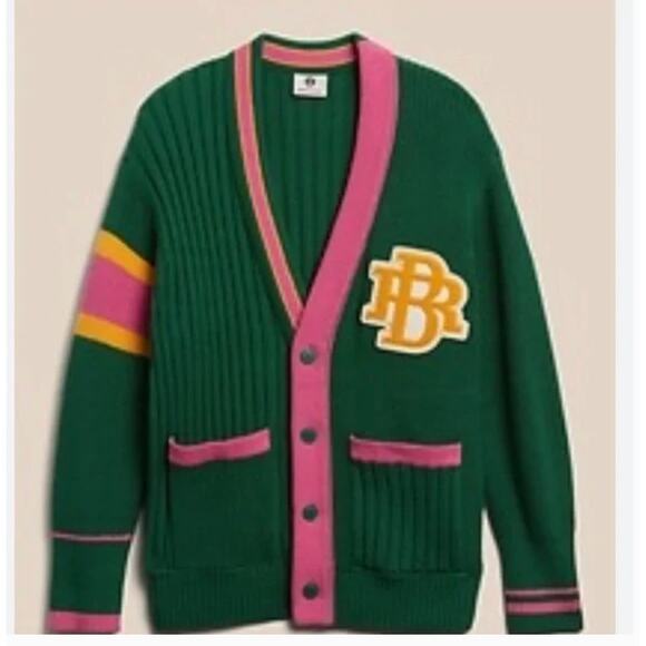 Banana Republic Athletics Varsity Logo Cardigan Green Pink Yellow Size XS - Picture 2 of 10